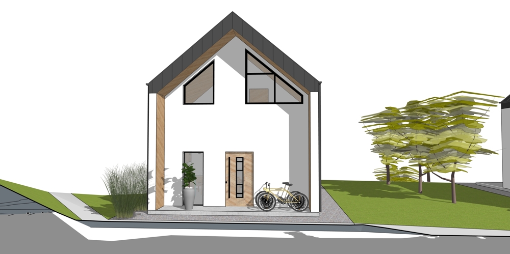 widok na elewację z wejściem do budynku