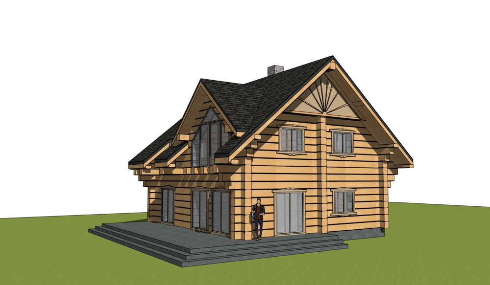 Widok na model - Budynek sprawia wrażenie solidnego, naturalnego i silnie związanego z krajobrazem. Duże przeszklenia, wysoki dach oraz szlachetne drewno tworzą architekturę łączącą tradycję z nowoczesnym komfortem użytkowania.